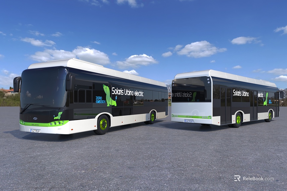 Two Modern Smart City Buses With White Green Livery Parked Outdoor Under Blue Sky 3d model 