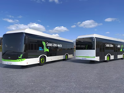 Two Modern Smart City Buses With White Green Livery Parked Outdoor Under Blue Sky 3d model