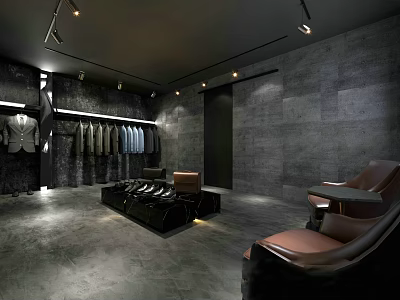 Modern Clothing Store Interior With Fashion Displays Leather Seats And Track Lighting 3d model