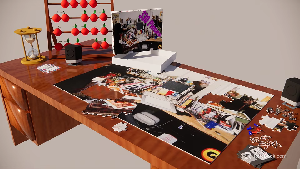 Creative Office Desk Setup With Chessboard Small Speaker Tablet And Large Poster 3d model 