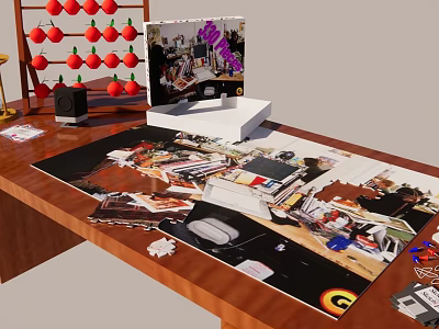 Creative Office Desk Setup With Chessboard Small Speaker Tablet And Large Poster 3d model