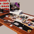 Creative Office Desk Setup With Chessboard Small Speaker Tablet And Large Poster