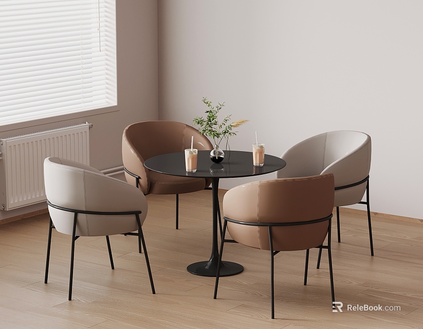 Cozy Dining Area With Round Black Table Beige White Chairs Plant Candles Wooden Floor 3d model 