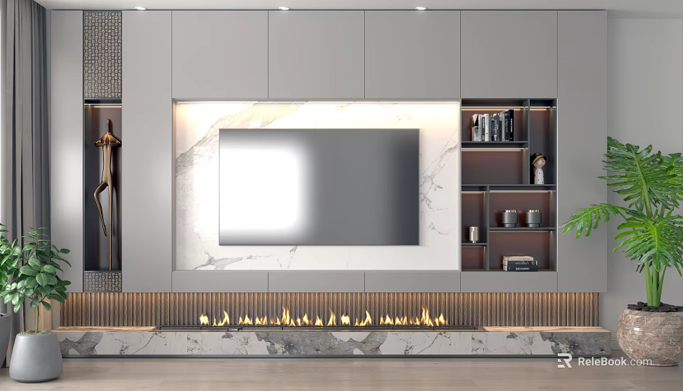 Modern TV Background Wall Design With Marble Panel Fireplace And Storage Shelves 3d model