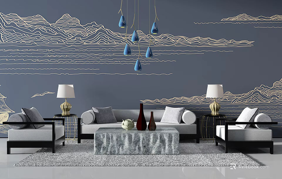 Gray Sofa Coffee Table Set With Mountain Pattern Wall Blue Teardrop Pendant Lights and Lamps 3d model