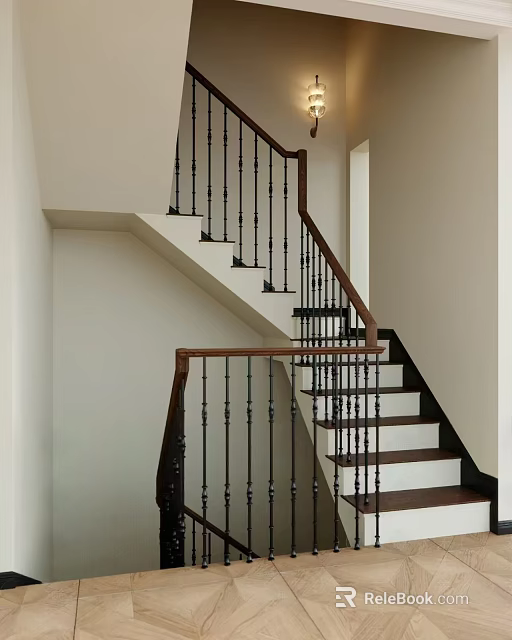 Modern Staircase Design With Wooden Handrail Black Balusters And White Steps 3d model 