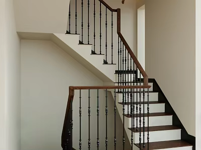Modern Staircase Design With Wooden Handrail Black Balusters And White Steps 3d model