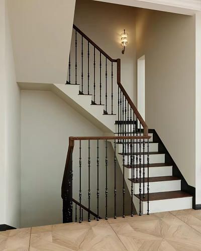 Modern Staircase Design With Wooden Handrail Black Balusters And White Steps 3d model