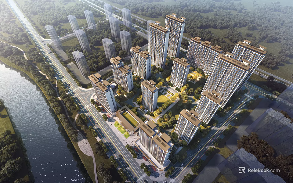 Aerial Planning of High Rise Residential Community Along River With Roads And Green Belts 3d model 