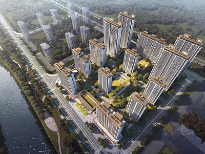 Aerial Planning of High Rise Residential Community Along River With Roads And Green Belts 3d model