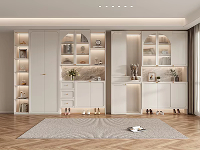 Modern Shoe Cabinet Design with Open Shelves LED Lighting Decorative Vases Clock and Shoe Storage 3d model