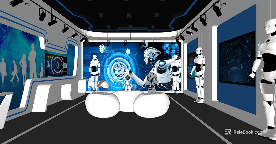 Futuristic Tech Exhibition Hall With Robots Blue Screens And White Seats 3d model 
