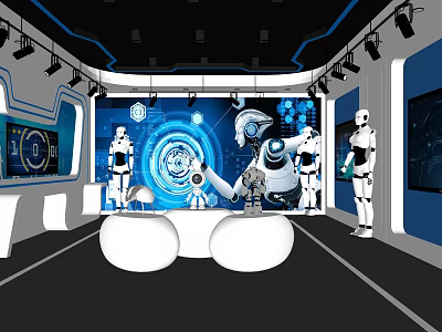 Futuristic Tech Exhibition Hall With Robots Blue Screens And White Seats 3d model