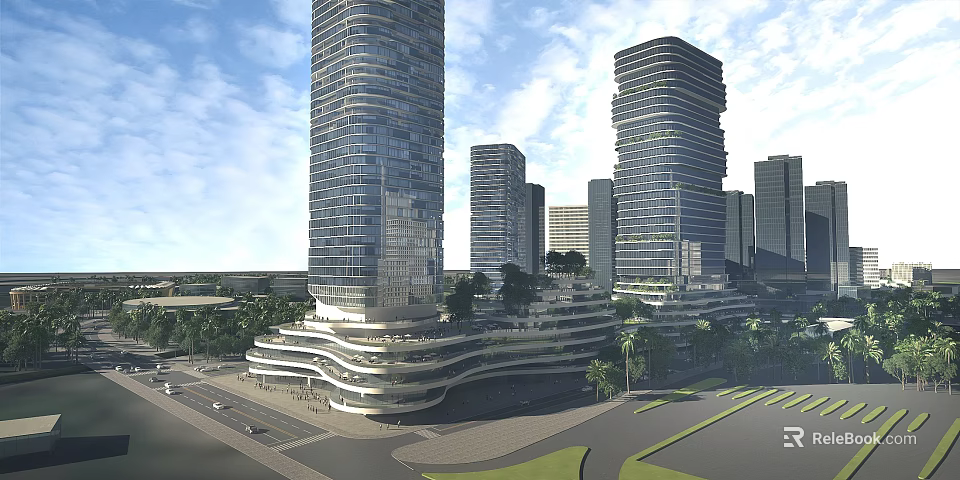 Modern High Rise Office Buildings With Glass Curtain Walls Terraced Bases And Urban Greenery 3d model 