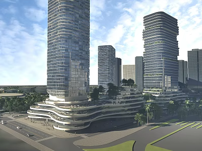 Modern High Rise Office Buildings With Glass Curtain Walls Terraced Bases And Urban Greenery 3d model