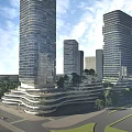 Modern High Rise Office Buildings With Glass Curtain Walls Terraced Bases And Urban Greenery