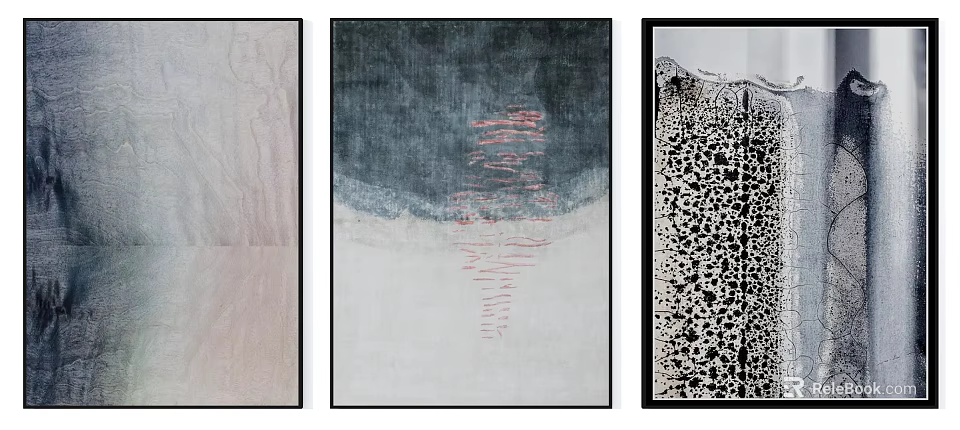 Three Panel Abstract Modern Artworks With Textured Backgrounds Red Strokes And Patterns 3d model