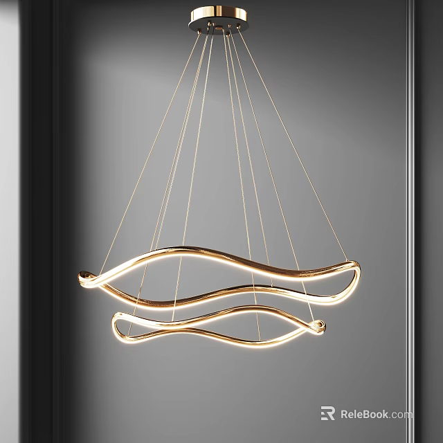 Elegant Golden Wave Design Chandelier With Multiple Hanging Strings And Modern Style 3d model 