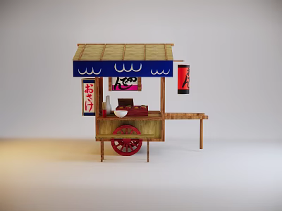 Traditional Japanese Food Cart With Bamboo Structure Blue Awning Japanese Signs And Red Wheels 3d model