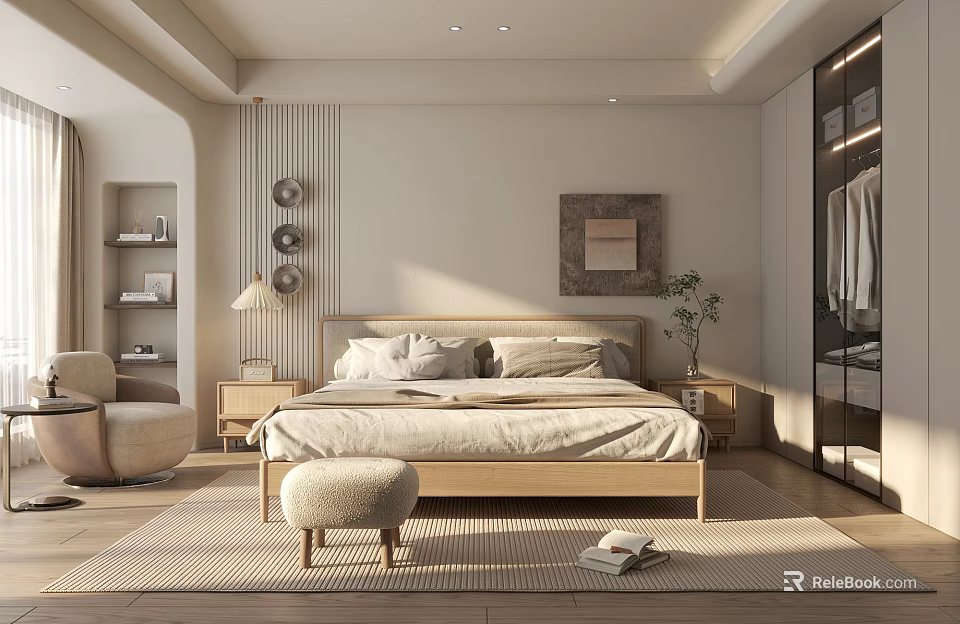 Minimalist Modern Bedroom Interior With Wooden Bed Bedside Tables Lamp Decorative Painting Rug And Armchair 3d model 