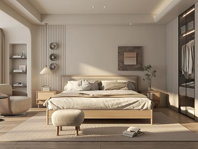 Minimalist Modern Bedroom Interior With Wooden Bed Bedside Tables Lamp Decorative Painting Rug And Armchair 3d model