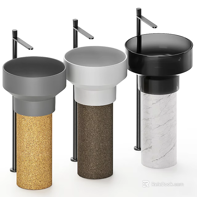 Modern Round Pedestal Washbasins Gold Brown Speckled Marble Pedestals Black Silver Gray Bowls Metal Stands 3d model 