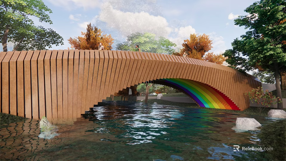 Scenic Wooden Landscape Bridge With Rainbow Arch Over Clear Water And Green Trees 3d model 