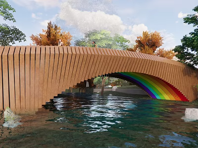 Scenic Wooden Landscape Bridge With Rainbow Arch Over Clear Water And Green Trees 3d model