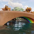 Scenic Wooden Landscape Bridge With Rainbow Arch Over Clear Water And Green Trees