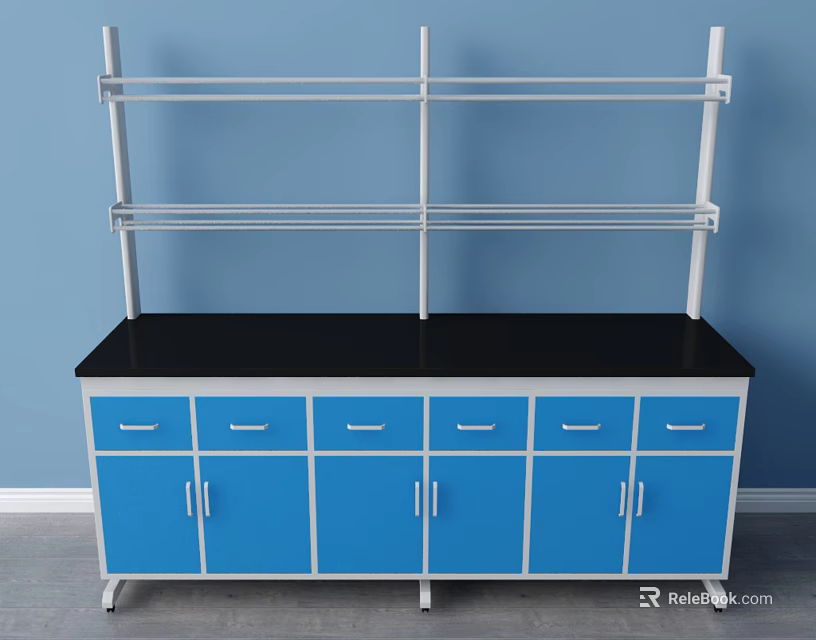 Functional Work Desk With Blue Cabinets Black Countertop And Metal Shelves 3d model 