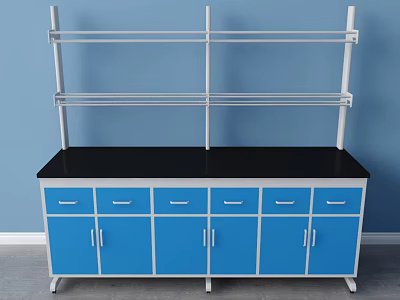 Functional Work Desk With Blue Cabinets Black Countertop And Metal Shelves 3d model