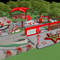 Red Themed Public Square With Star Decorations Canopy Structures And Green Trees 3d model