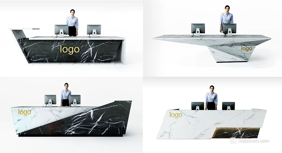 Elegant Modern Marble Reception Desk With Logo And Computer Monitors 3d model 