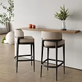 Elegant Bar With Wooden Countertop Beige High Stools Black Metal Legs Green Plants Orange Balls