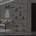 Modern Living Room Shelving Unit with Wooden Shelves Decorative Sculptures Plants and Books