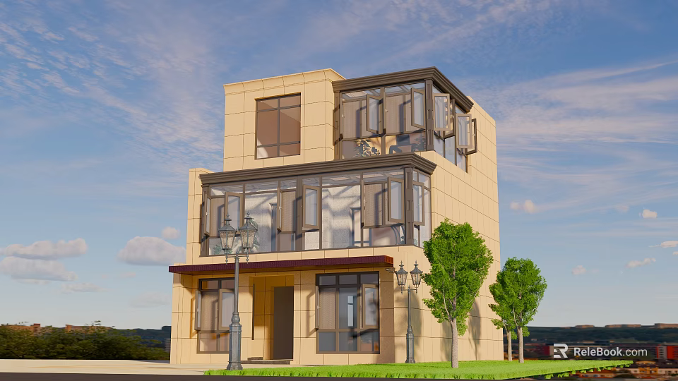 Two Story Yellow Villa With Glass Curtain Walls Balconies Green Trees And Street Lamps 3d model 