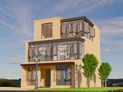 Two Story Yellow Villa With Glass Curtain Walls Balconies Green Trees And Street Lamps 3d model