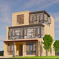 Two Story Yellow Villa With Glass Curtain Walls Balconies Green Trees And Street Lamps