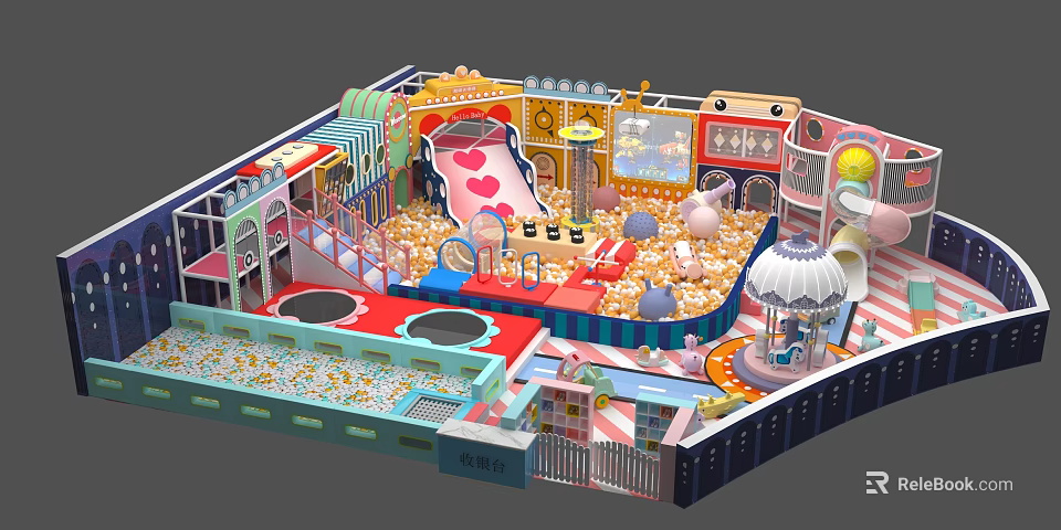 Fun Colorful Indoor Playground With Slide Ball Pit Trampoline And Carousel 3d model 
