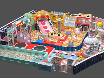 Fun Colorful Indoor Playground With Slide Ball Pit Trampoline And Carousel 3d model