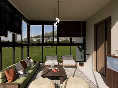 Modern Living Room With Large Windows Green Lawn Mountain View Sofa Coffee Table And Plants 3d model