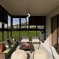 Modern Living Room With Large Windows Green Lawn Mountain View Sofa Coffee Table And Plants