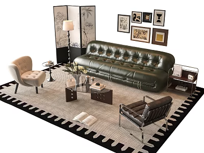 Stylish Green Leather Sofa Coffee Table Set With Armchair Wall Art And Patterned Rug 3d model