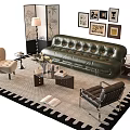 Stylish Green Leather Sofa Coffee Table Set With Armchair Wall Art And Patterned Rug