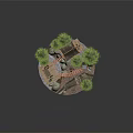 Cartoon Scene With Cozy Cabin Tall Pine Trees Wooden Bridge Small Stream And Circular Base