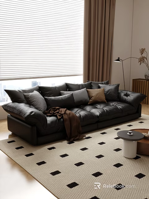 Leisure Sofa Set Black Leather With Throw Pillows Blanket Floor Lamp And Checkered Rug 3d model 