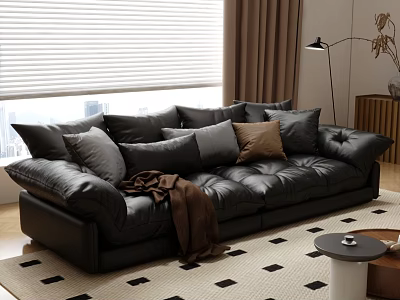 Leisure Sofa Set Black Leather With Throw Pillows Blanket Floor Lamp And Checkered Rug 3d model