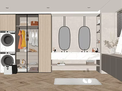 Modern Bathroom Interior Design With Double Mirrors Washing Machine Open Wardrobe And Wooden Flooring 3d model