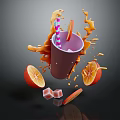 Refreshing Purple Cup Drink With Splashing Orange Liquid Orange Slices Ice Cubes And Striped Straw