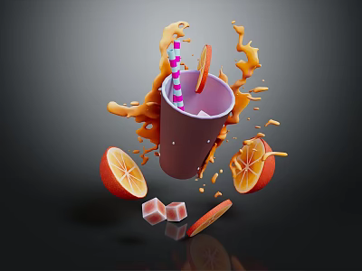 Refreshing Purple Cup Drink With Splashing Orange Liquid Orange Slices Ice Cubes And Striped Straw 3d model